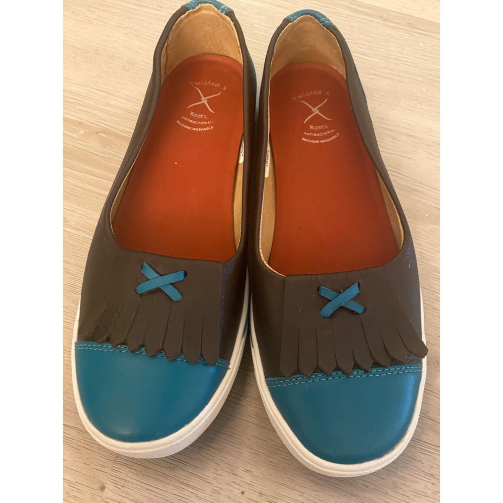 Twisted X Kiltie Fringe Leather Mary Jane SlipOn Brown Teal Women 10 Flat Shoes - Picture 2 of 8